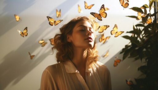 Девушка окружена бабочками