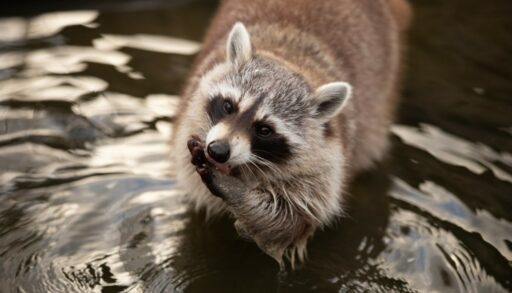 енот плещется в воде