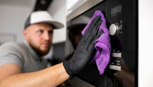мужчина моет микроволновку