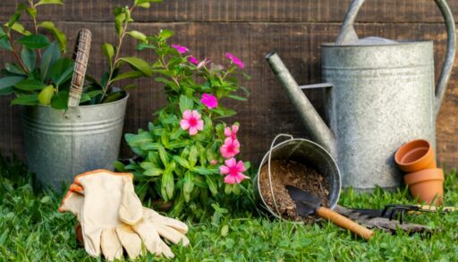 Садовый инвентарь с лейкой и ведрами возле стены на траве