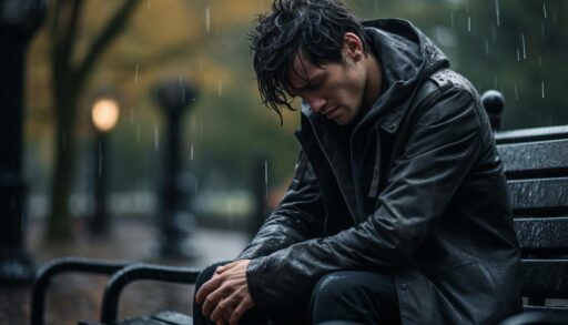 Грустный молодой человек сидит на скамейке под дождем