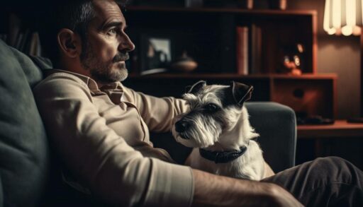 Мужчина с собакой сидит в кресле