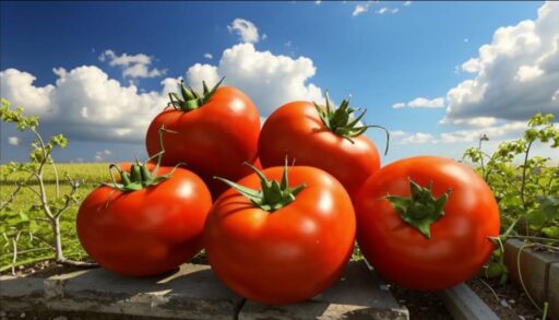 Большие красные томаты на фоне голубого неба с облаками