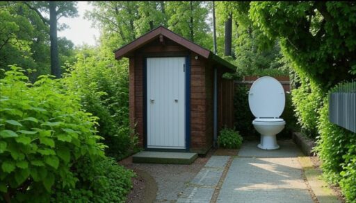 Дачный туалет стоит в саду рядом с унитазом