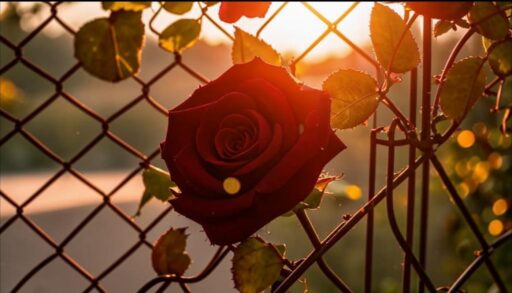 Яркие розы растут через забор из сетки рабицы