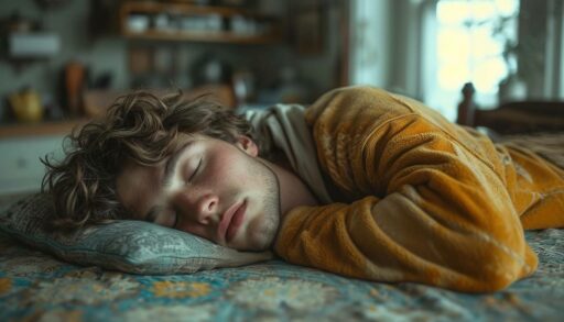 Молодой человек спит за обеденным столом, положив под голову подушку