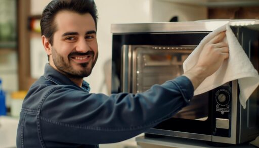 Улыбающийся мужчина вытирает микроволновку