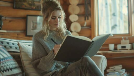 Привлекательная девушка делает записи в большой тетради