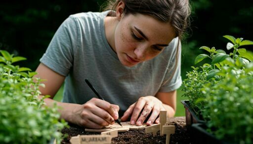 Девушка подписывает таблички для рассады