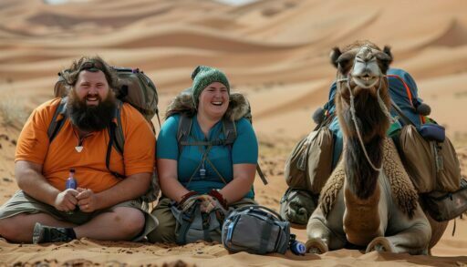 Смеющаяся семейная пара туристов сидит на песке рядом с верблюдом
