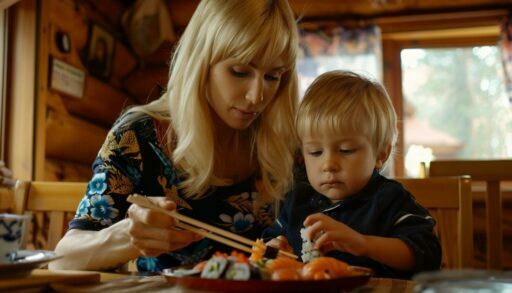 Мама и маленький сын едят суши и роллы