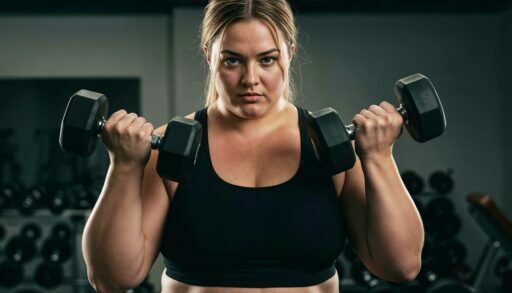 Крупная девушка делает упражнения с гантелями