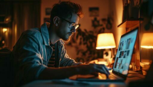 Молодой мужчина сосредоточенно работает на ноутбуке