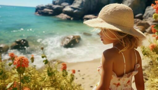 Маленькая девочка в летнем сарафане на берегу моря