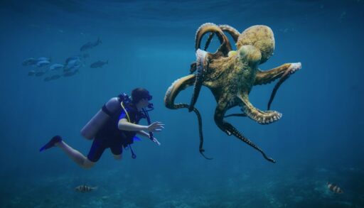 Туристы аквалангисты под водой рядом с осьминогом